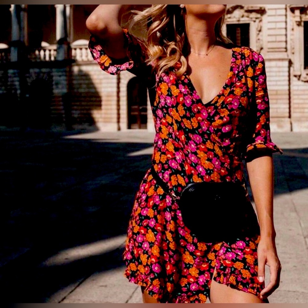 Zara Multicolored Flora Wrap Crossover Dress Floral Mini Size Medium